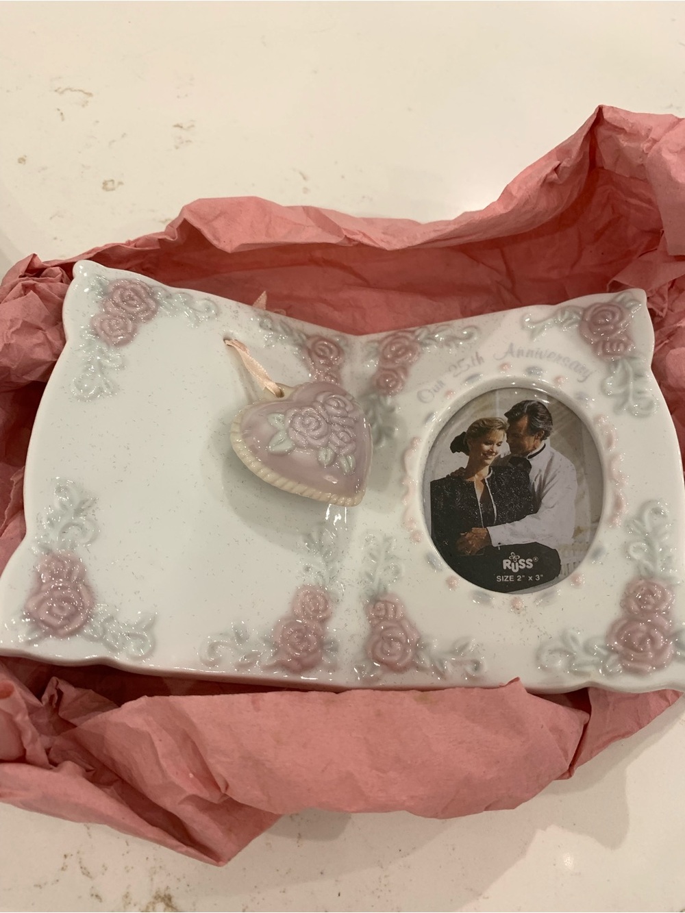 Russ Photo Frame 25th Anniversary w/ Box White Porcelain Pink Floral Vintage 5”